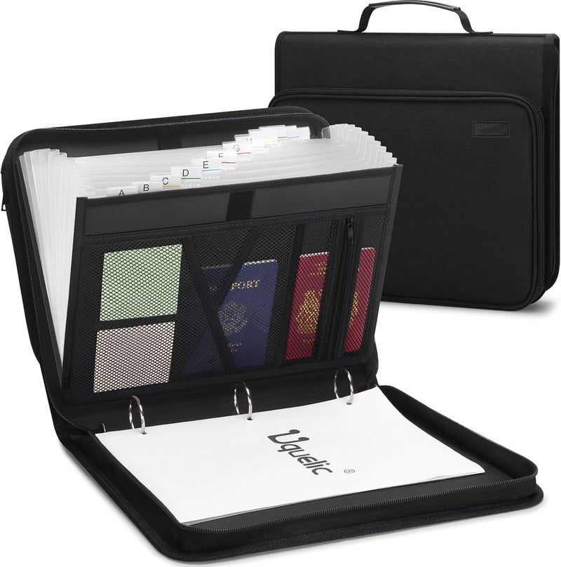 Uquelic Accordion File Organizer Binder with Multi Pockets, Expanding File Folders with 13 Pockets, Handle and Labels, Portable Home Travel Safe Storage for Letter A4 Files and More (Black) - Image 1